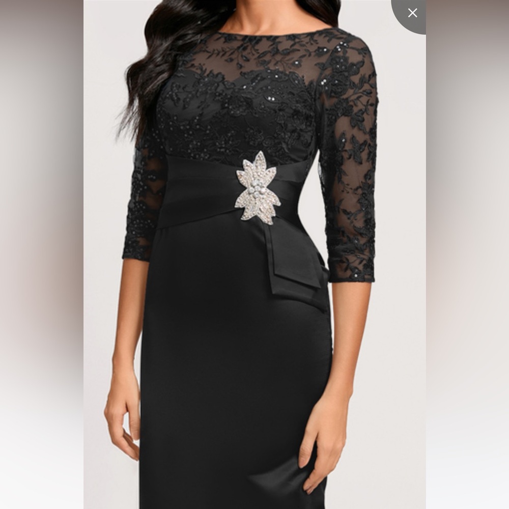 JJs House Black Lace Sheath Dress with Rhinestone Waist Accent
